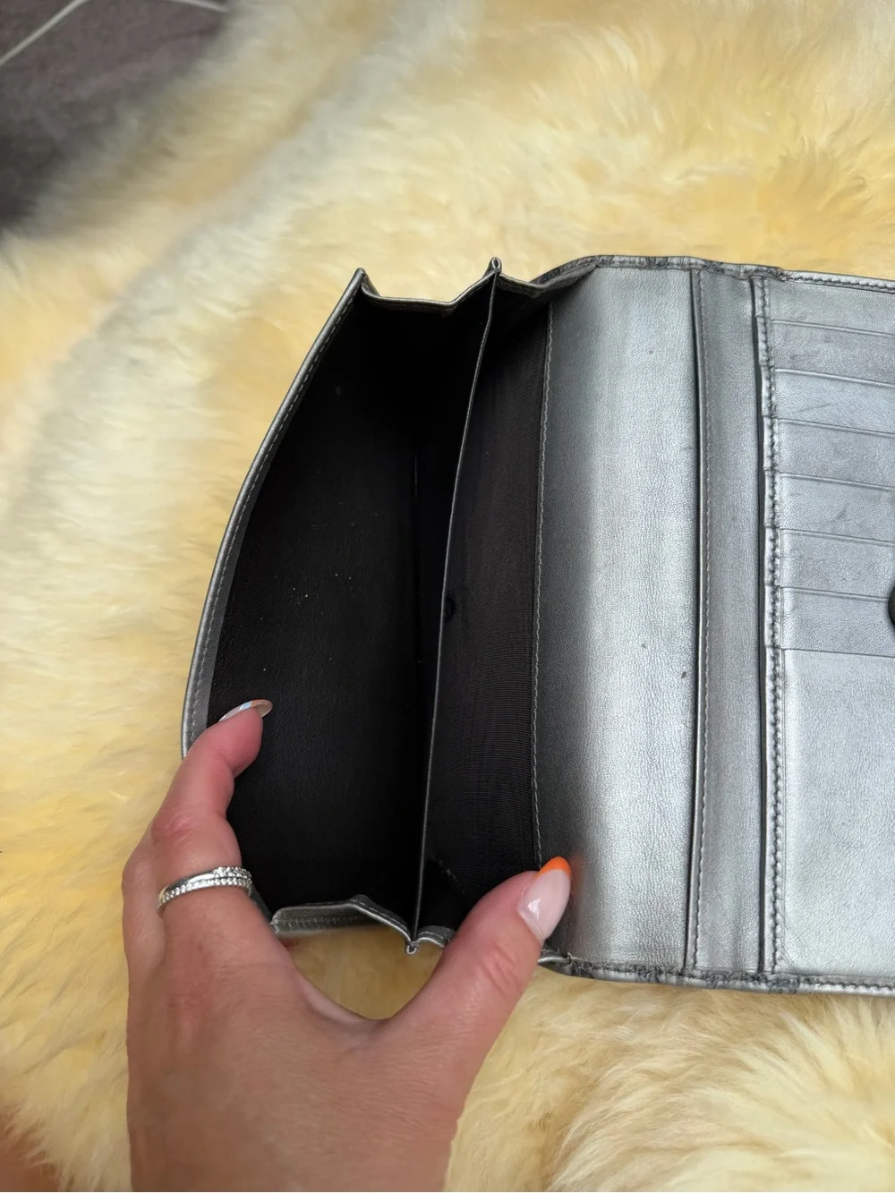 Gucci Grey Monogram Stamped Leather Fold Wallet w/ Gold Heart Emblem Zip Coin ❤️